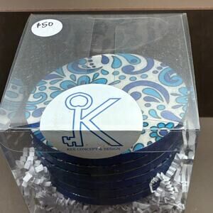 Kee Concept and Design Coasters New Set of 6 Round Blue Paisley Floral Motif